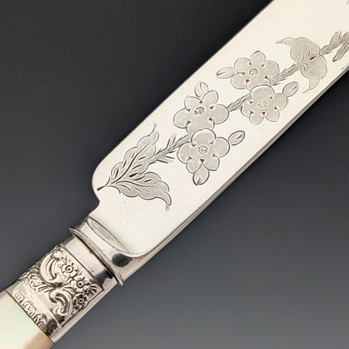 約 1890 年英國古董白色珍珠手柄純銀裝飾 6 對甜點餐具 Allen&Darwin